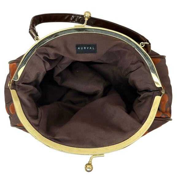 Murval Brown Velvet Flocked Handbag Purse Gold Kiss Lock Frame Retro Style - Picture 3 of 6